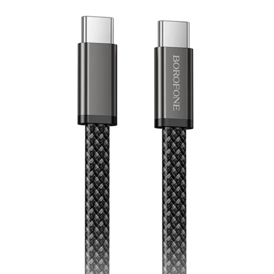 Кабел за данни Borofone Peace (BX124) - USB-C към USB-C, 60W, найлонова оплетка, плосък дизайн против оплитане, 1m - Черен