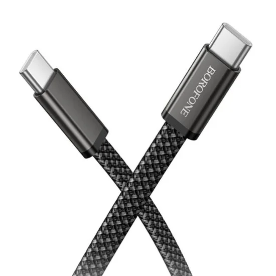 Кабел за данни Borofone Peace (BX124) - USB-C към USB-C, 60W, найлонова оплетка, плосък дизайн против оплитане, 1m - Черен