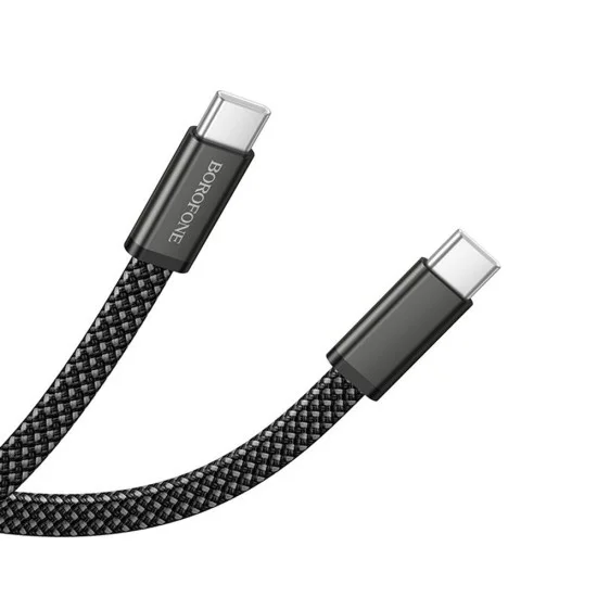 Кабел за данни Borofone Peace (BX124) - USB-C към USB-C, 60W, найлонова оплетка, плосък дизайн против оплитане, 1m - Черен