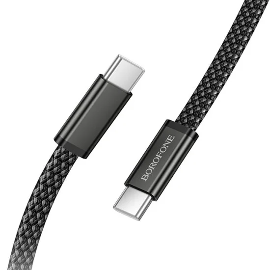 Кабел за данни Borofone Peace (BX124) - USB-C към USB-C, 60W, найлонова оплетка, плосък дизайн против оплитане, 1m - Черен