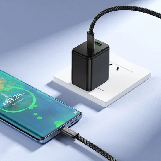 Кабел за данни Borofone Peace (BX124) - USB-C към USB-C, 60W, найлонова оплетка, плосък дизайн против оплитане, 1m - Черен