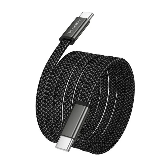 Кабел за данни Borofone Peace (BX124) - USB-C към USB-C, 60W, найлонова оплетка, плосък дизайн против оплитане, 1m - Черен