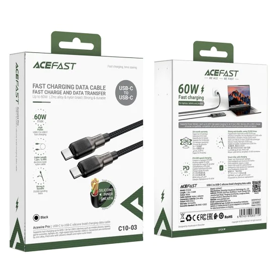 Кабел за данни C10-03 – Acefast, тип-C към тип-C, 60 W, високоскоростно зареждане, 1,2 м – черен