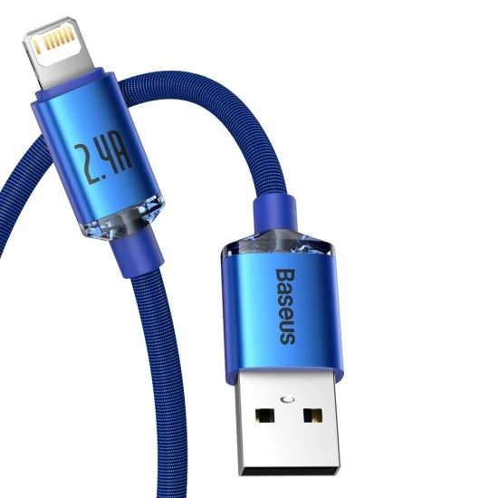 Кабел за данни Data Cable Crystal Shine (CAJY000003) - USB към Lightning, 2.4A, 1.2m, Плетена найлонова оплетка - Baseus - Син