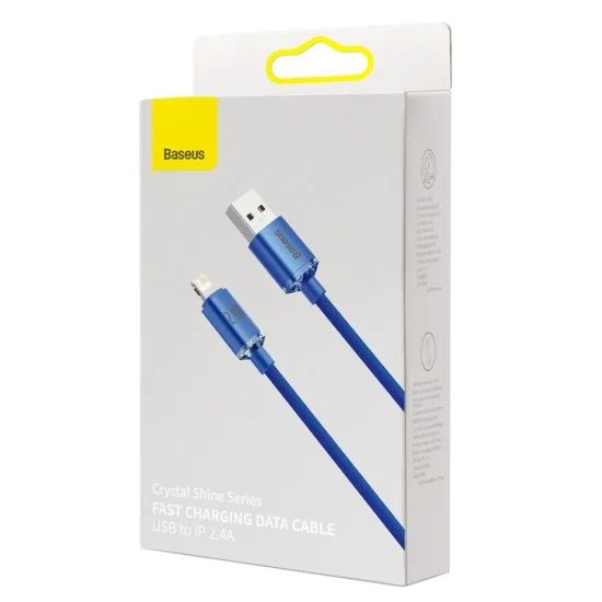 Кабел за данни Data Cable Crystal Shine (CAJY000003) - USB към Lightning, 2.4A, 1.2m, Плетена найлонова оплетка - Baseus - Син