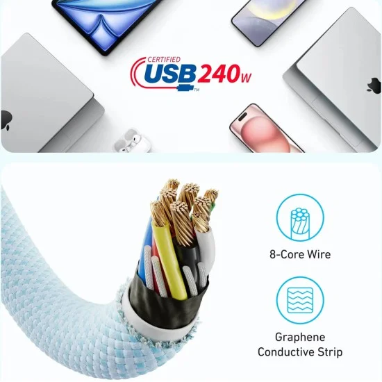 Кабел за данни Data Cable Zolo (A8060H12) - Type-C към Type-C, Ултрабързо зареждане, 240W, PD 3.1, Плетена оплеталкa, Устойчив на замърсяване, 1.8m - Anker - Черен