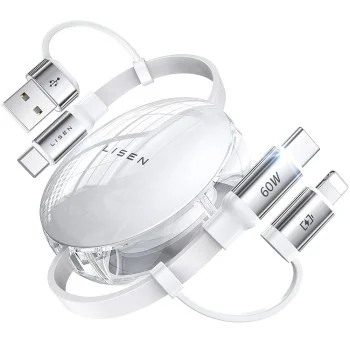 Кабел за данни Lisen (YL0123030001) - Type-C, адаптер USB към Type-C, адаптер Lightning, ABS, 60W, 1m - Бял