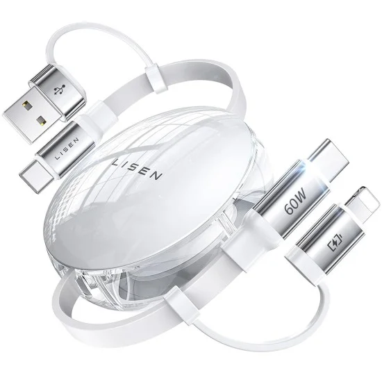 Кабел за данни Lisen (YL0123030001) - Type-C, адаптер USB към Type-C, адаптер Lightning, ABS, 60W, 1m - Бял