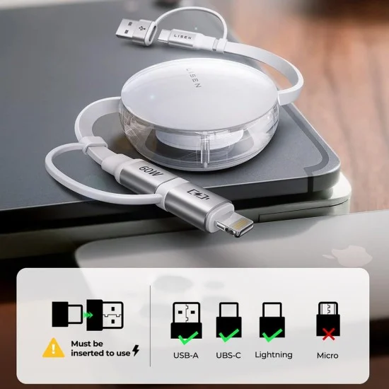 Кабел за данни Lisen (YL0123030001) - Type-C, адаптер USB към Type-C, адаптер Lightning, ABS, 60W, 1m - Бял