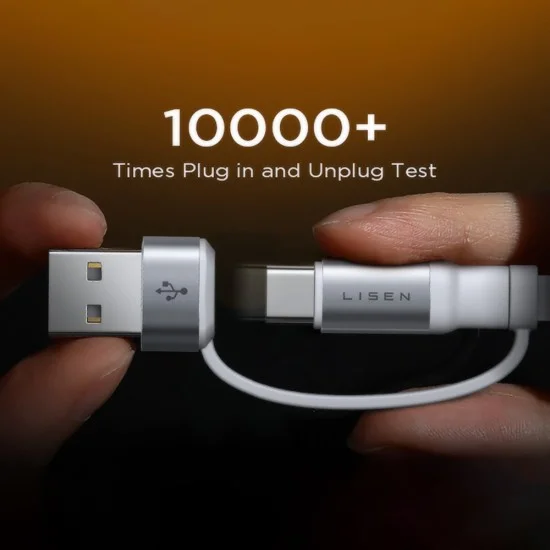Кабел за данни Lisen (YL0123030001) - Type-C, адаптер USB към Type-C, адаптер Lightning, ABS, 60W, 1m - Бял