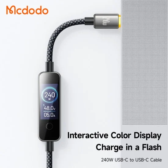 Кабел за данни Mcdodo (CA-8750) - Type-C към Type-C, с TFT дисплей, оплетен найлон, алуминиева сплав, 240W, 1.2m - Черен