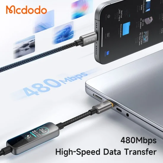 Кабел за данни Mcdodo (CA-8750) - Type-C към Type-C, с TFT дисплей, оплетен найлон, алуминиева сплав, 240W, 1.2m - Черен