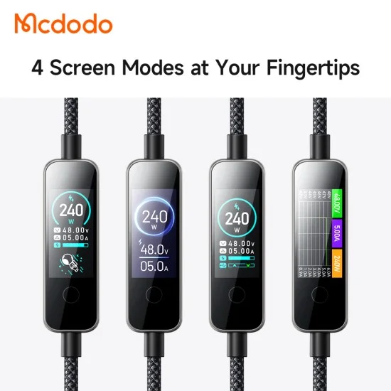 Кабел за данни Mcdodo (CA-8750) - Type-C към Type-C, с TFT дисплей, оплетен найлон, алуминиева сплав, 240W, 1.2m - Черен