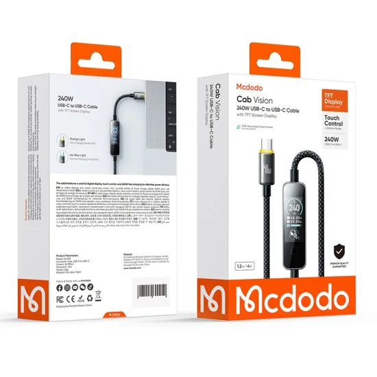 Кабел за данни Mcdodo (CA-8750) - Type-C към Type-C, с TFT дисплей, оплетен найлон, алуминиева сплав, 240W, 1.2m - Черен