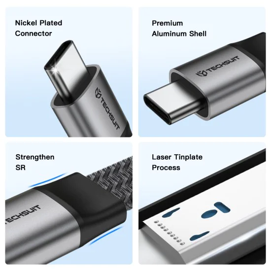 Кабел за данни Techsuit Premium Data Cable ElysiumSync Pro (CX1) - Type-C към Type-C, PD240W, USB4.0 Gen 4, 40Gbps, 8K@60Hz, 1m - Сив