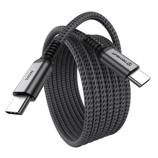 Кабел за данни Techsuit Premium Data Cable TitanSync Pro (CX2) - Type-C към Type-C, PD240W, 480Mbps, E-marker Chip, 1m - Сив