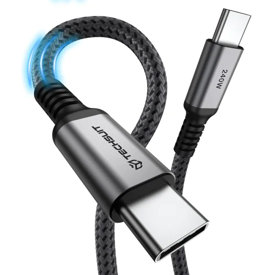 Кабел за данни Techsuit Premium Data Cable TitanSync Pro (CX2) - Type-C към Type-C, PD240W, 480Mbps, E-marker Chip, 1m - Сив