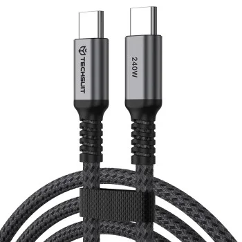 Кабел за данни Techsuit Premium Data Cable TitanSync Pro (CX2) - Type-C към Type-C, PD240W, 480Mbps, E-marker Chip, 1m - Сив