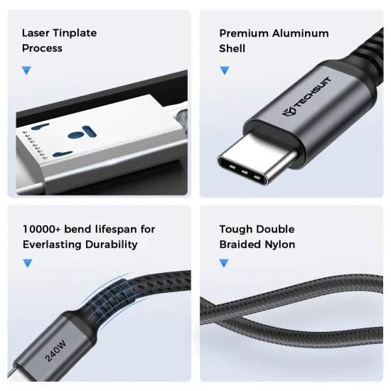 Кабел за данни Techsuit Premium Data Cable TitanSync Pro (CX2) - Type-C към Type-C, PD240W, 480Mbps, E-marker Chip, 1m - Сив