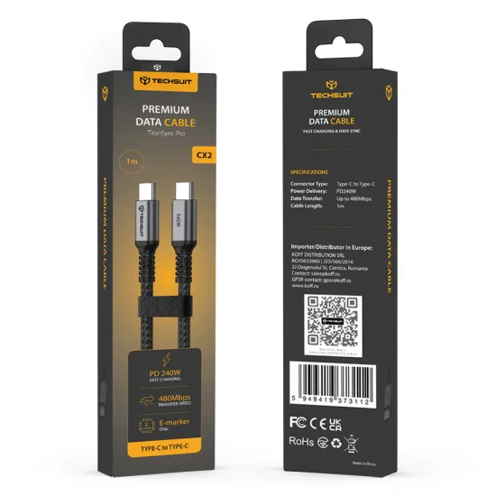 Кабел за данни Techsuit Premium Data Cable TitanSync Pro (CX2) - Type-C към Type-C, PD240W, 480Mbps, E-marker Chip, 1m - Сив
