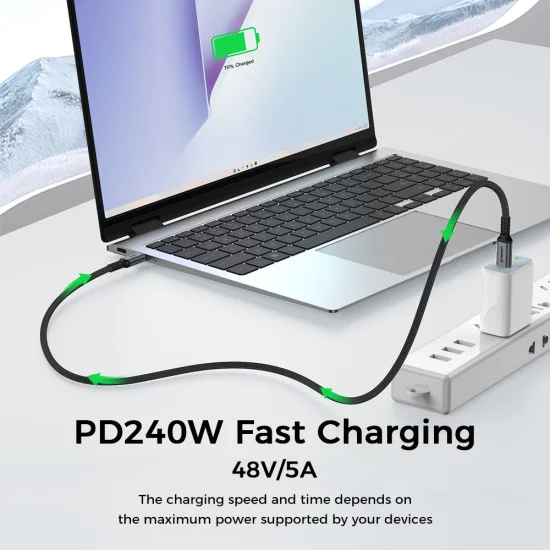 Кабел за данни Techsuit Premium Data Cable TitanSync Pro (CX2) - Type-C към Type-C, PD240W, 480Mbps, E-marker Chip, 2m - Сив