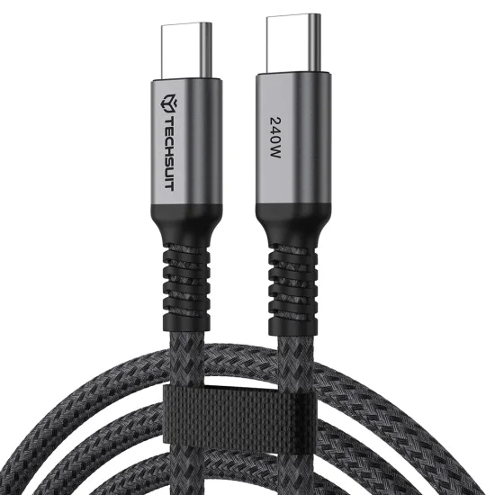 Кабел за данни Techsuit Premium Data Cable TitanSync Pro (CX2) - Type-C към Type-C, PD240W, 480Mbps, E-marker Chip, 2m - Сив
