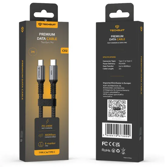 Кабел за данни Techsuit Premium Data Cable TitanSync Pro (CX2) - Type-C към Type-C, PD240W, 480Mbps, E-marker Chip, 2m - Сив