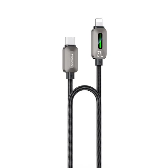 Кабел за данни Yesido (CA199) - USB-C към Lightning, 27W, 3A, 1.2m, цинкова сплав, оплетена оплетка - Черен