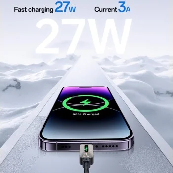 Кабел за данни Yesido (CA199) - USB-C към Lightning, 27W, 3A, 1.2m, цинкова сплав, оплетена оплетка - Черен