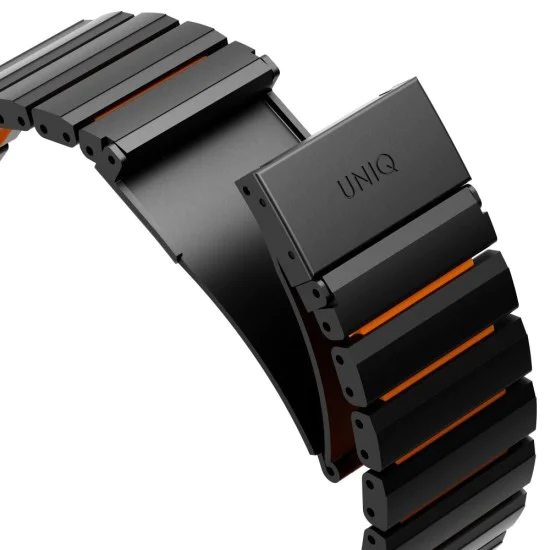 Каишка за Apple Watch 1/2/3/4/5/6/7/8/9/10/11/SE/SE 2/SE 3/Ultra/2/3 (42/44/45/46/49mm) - UNIQ Strova Flex Series - Черен / Оранжев