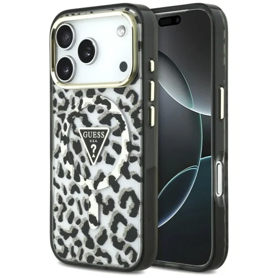 Калъф Guess Leopard Glitter Triangle Logo MagSafe (GUHMP18LHLEGTGLK) - iPhone 18 Pro / iPhone 17 Pro - Черен