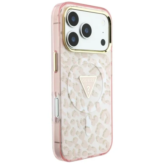 Калъф Guess Leopard Glitter Triangle Logo MagSafe (GUHMP18LHLEGTGLP) - iPhone 18 Pro / iPhone 17 Pro - Розов