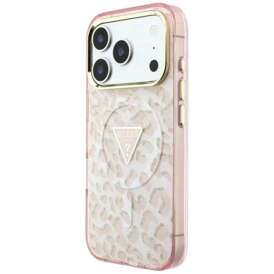 Калъф Guess Leopard Glitter Triangle Logo MagSafe (GUHMP18LHLEGTGLP) - iPhone 18 Pro / iPhone 17 Pro - Розов