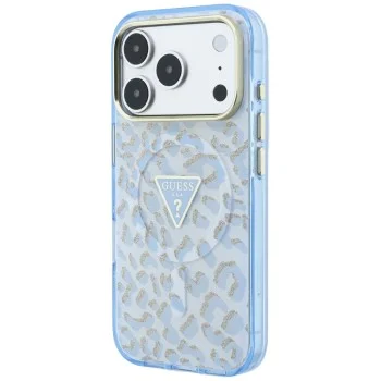 Калъф Guess Leopard Glitter Triangle Logo MagSafe (GUHMP18LHLEGTGLU) - iPhone 18 Pro / iPhone 17 Pro - Светлосин