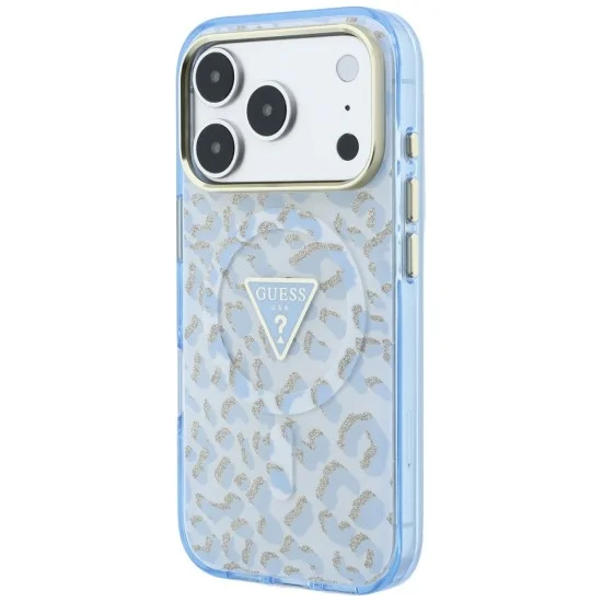 Калъф Guess Leopard Glitter Triangle Logo MagSafe (GUHMP18LHLEGTGLU) - iPhone 18 Pro / iPhone 17 Pro - Светлосин