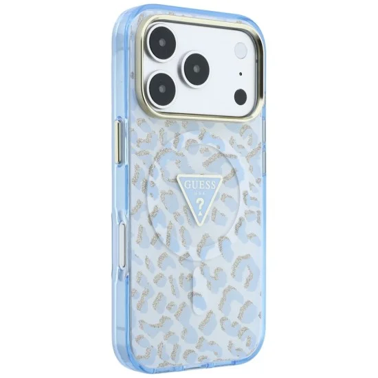 Калъф Guess Leopard Glitter Triangle Logo MagSafe (GUHMP18LHLEGTGLU) - iPhone 18 Pro / iPhone 17 Pro - Светлосин