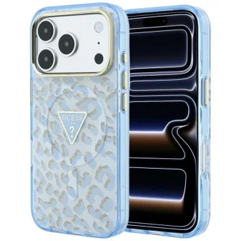 Калъф Guess Leopard Glitter Triangle Logo MagSafe (GUHMP18LHLEGTGLU) - iPhone 18 Pro / iPhone 17 Pro - Светлосин