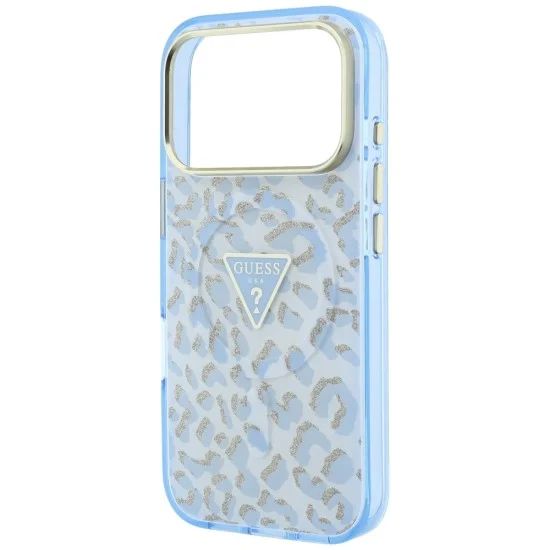 Калъф Guess Leopard Glitter Triangle Logo MagSafe (GUHMP18LHLEGTGLU) - iPhone 18 Pro / iPhone 17 Pro - Светлосин
