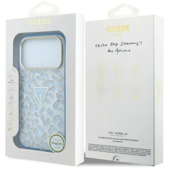 Калъф Guess Leopard Glitter Triangle Logo MagSafe (GUHMP18LHLEGTGLU) - iPhone 18 Pro / iPhone 17 Pro - Светлосин