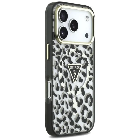 Калъф Guess Leopard Glitter Triangle Logo MagSafe (GUHMP18XHLEGTGLK) - iPhone 18 Pro Max / iPhone 17 Pro Max - Черен