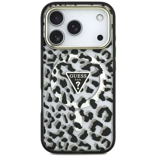 Калъф Guess Leopard Glitter Triangle Logo MagSafe (GUHMP18XHLEGTGLK) - iPhone 18 Pro Max / iPhone 17 Pro Max - Черен