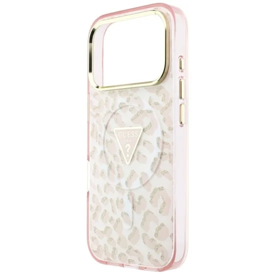 Калъф Guess Leopard Glitter Triangle Logo MagSafe (GUHMP18XHLEGTGLP) - iPhone 18 Pro Max / iPhone 17 Pro Max - Розов