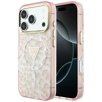 Калъф Guess Leopard Glitter Triangle Logo MagSafe (GUHMP18XHLEGTGLP) - iPhone 18 Pro Max / iPhone 17 Pro Max - Розов
