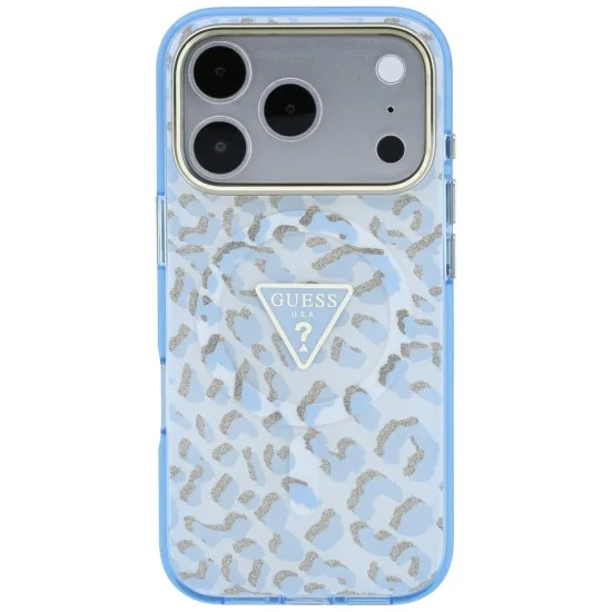 Калъф Guess Leopard Glitter Triangle Logo MagSafe (GUHMP18XHLEGTGLU) - iPhone 18 Pro Max / iPhone 17 Pro Max - Светлосин