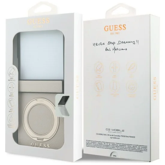 Калъф Guess Ring Stand Grained Classic Logo MagSafe (GUHMZF86PSGRSCLE) - Samsung Galaxy Z Flip8 - Бежов