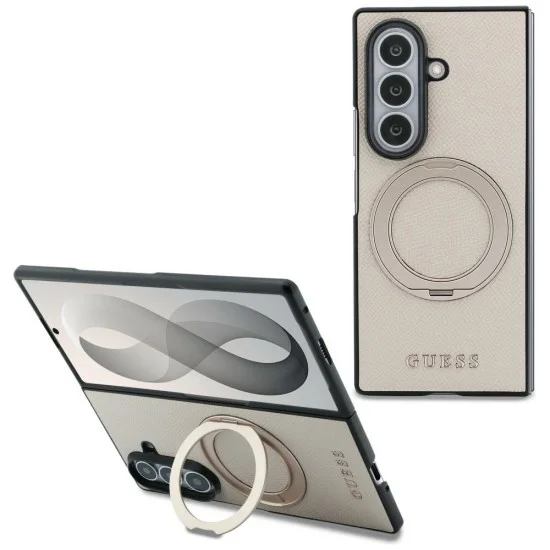 Калъф Guess Ring Stand Grained Classic Logo MagSafe (GUHMZFD86PSGRSCLE) - Samsung Galaxy Z Fold8 Ultra - Бежов