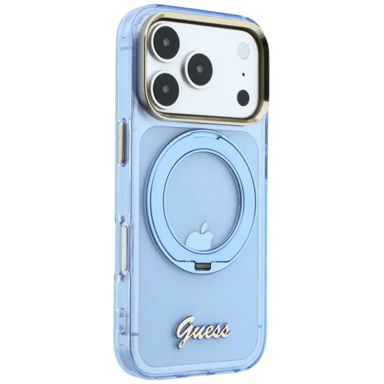 Калъф Guess Ring Stand Script Metal Logo MagSafe (GUHMP18L6HCCMSB) - iPhone 18 Pro / iPhone 17 Pro - Светлосин