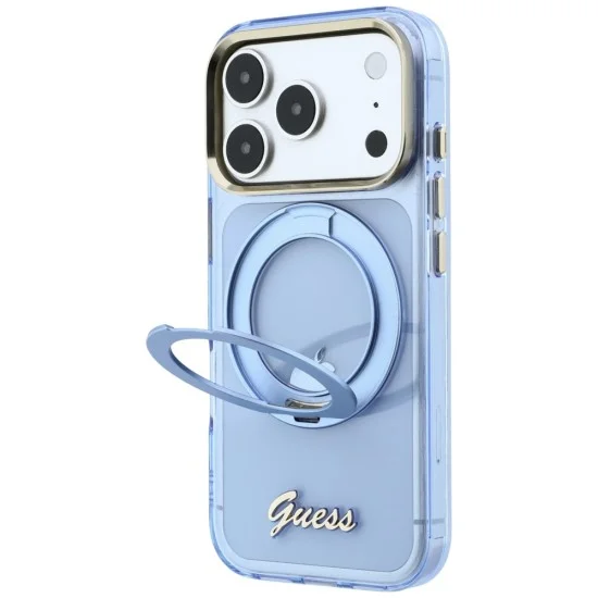 Калъф Guess Ring Stand Script Metal Logo MagSafe (GUHMP18L6HCCMSB) - iPhone 18 Pro / iPhone 17 Pro - Светлосин