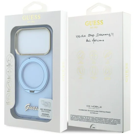 Калъф Guess Ring Stand Script Metal Logo MagSafe (GUHMP18L6HCCMSB) - iPhone 18 Pro / iPhone 17 Pro - Светлосин