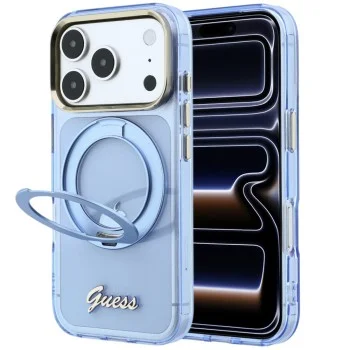 Калъф Guess Ring Stand Script Metal Logo MagSafe (GUHMP18L6HCCMSB) - iPhone 18 Pro / iPhone 17 Pro - Светлосин
